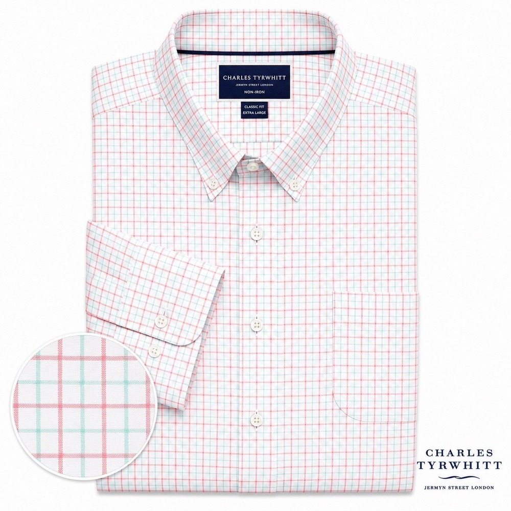 Charles Tyrwhitt Non Iron Shirt Mens XL White Classic Fit + Pink Green Check EUC